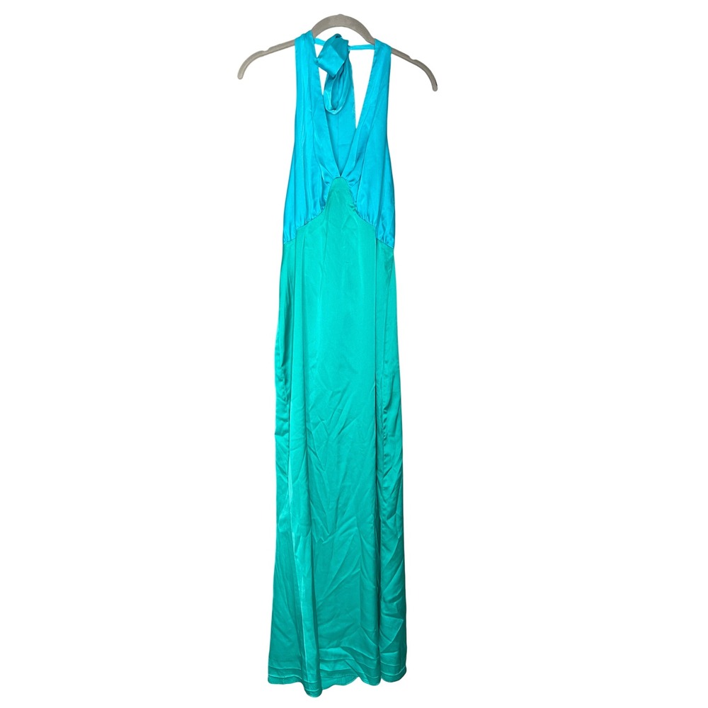 The Wolf Gang Oahu Satin Slip Dress Size Medium Halter Plunge Blue Green Maxi - Picture 4 of 11
